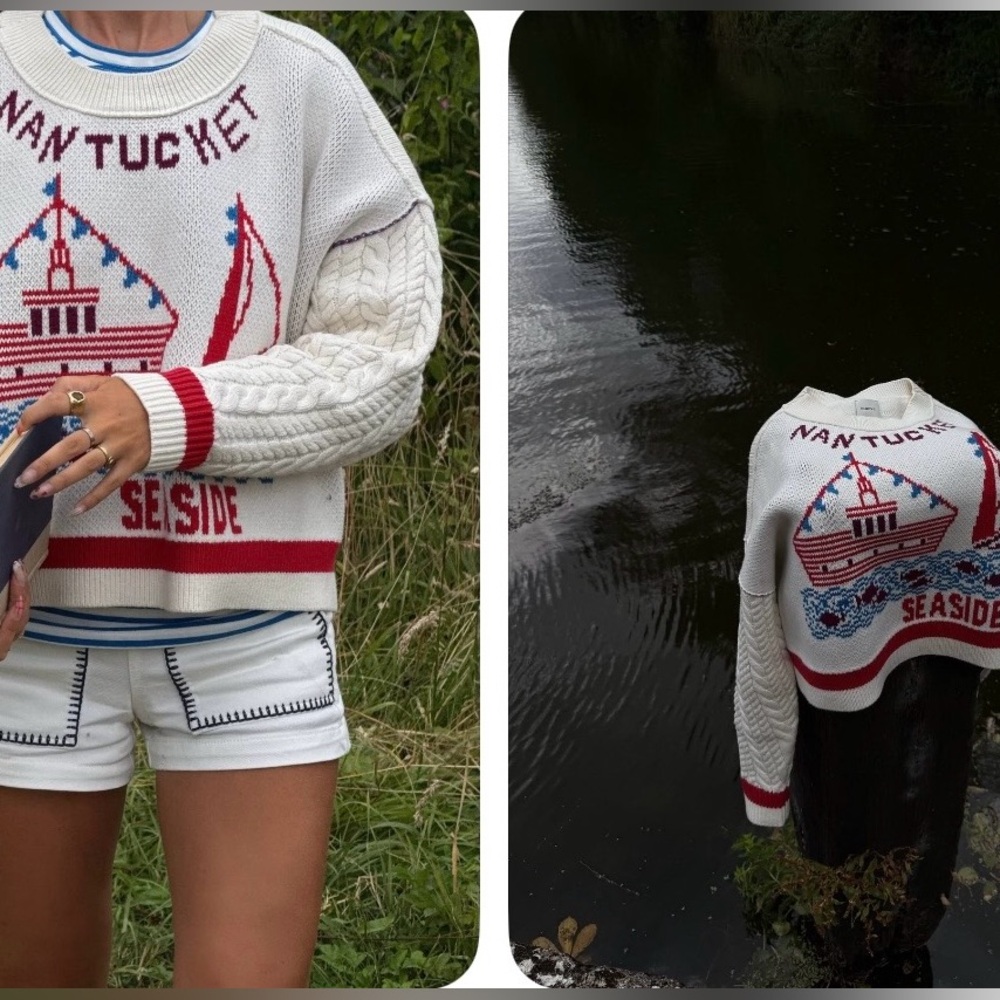 NWT Maeve Graphic Cable-Knit Sweater with Nautical Charm Nantucket Sailboats - Picture 5 of 10